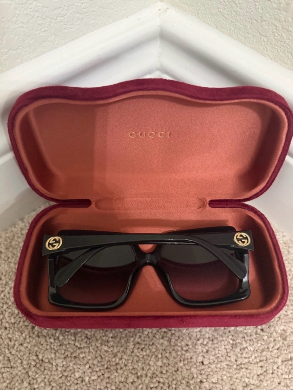 Gucci Black Square Sunglasses with Gold Logo Temples